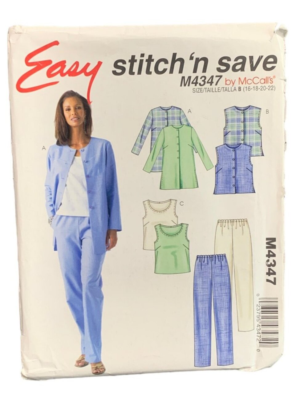 M4347 McCalls Sewing Pattern Women Shirt Jacket Pant Vest Size 16-18-20-22 Uncut